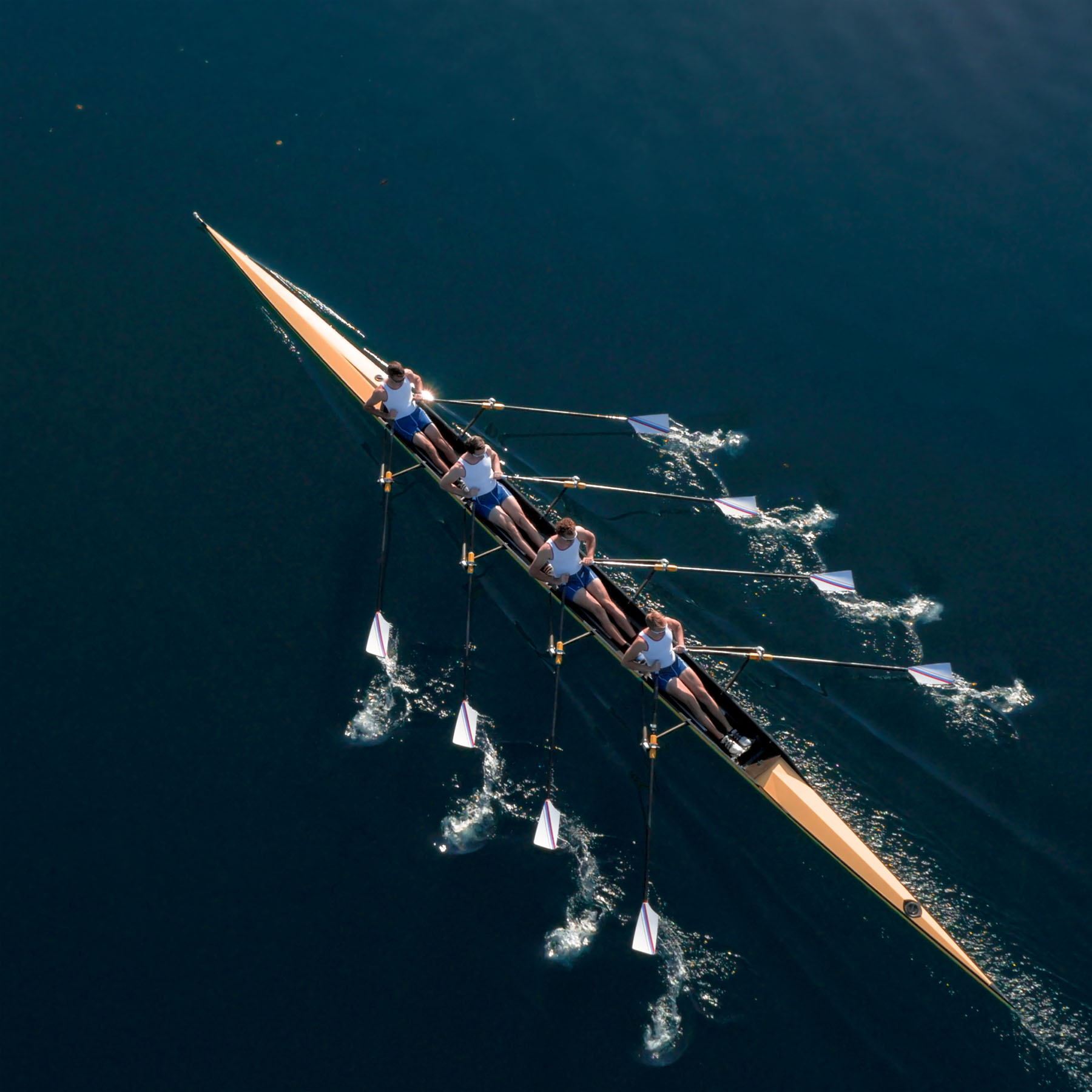 Four male rowers sculling on The River Thames